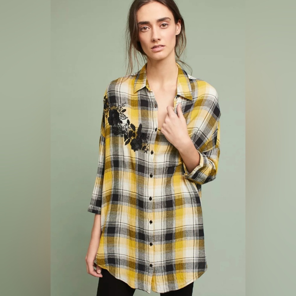 Yellow Plaid Button-Front Tunic Top with Black Floral Embroidery